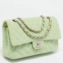 Pre Owned Chanel Green Quilted Tweed Medium Classic Double Flap Bag