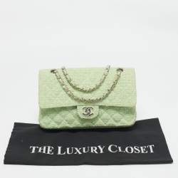 Pre Owned Chanel Green Quilted Tweed Medium Classic Double Flap Bag