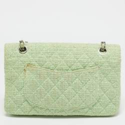 Pre Owned Chanel Green Quilted Tweed Medium Classic Double Flap Bag