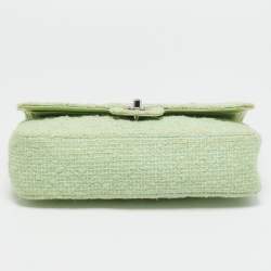 Pre Owned Chanel Green Quilted Tweed Medium Classic Double Flap Bag