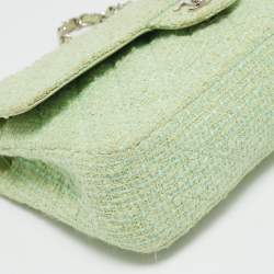 Pre Owned Chanel Green Quilted Tweed Medium Classic Double Flap Bag