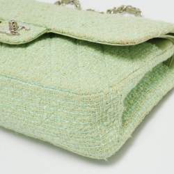 Pre Owned Chanel Green Quilted Tweed Medium Classic Double Flap Bag