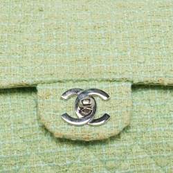 Pre Owned Chanel Green Quilted Tweed Medium Classic Double Flap Bag