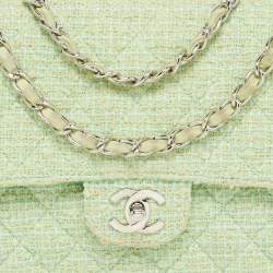 Pre Owned Chanel Green Quilted Tweed Medium Classic Double Flap Bag