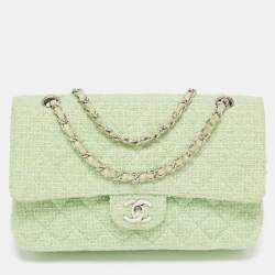 Pre Owned Chanel Green Quilted Tweed Medium Classic Double Flap Bag