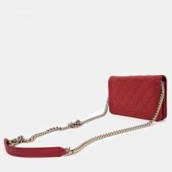 Chanel Red Leather Classic Mini Boy Wallet on Chain Bag