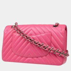 Pre Owned Chanel Pink Chevron Leather Medium Classic Double Flap Shoulder Bag