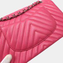 Pre Owned Chanel Pink Chevron Leather Medium Classic Double Flap Shoulder Bag