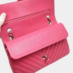 Pre Owned Chanel Pink Chevron Leather Medium Classic Double Flap Shoulder Bag