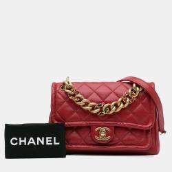 Pre Owned Chanel Red Quilted Lambskin Small Chain Link Flap Bag