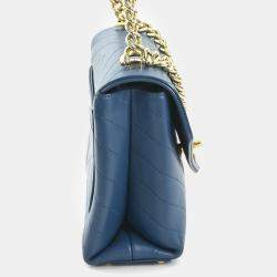 Pre Owned Chanel Blue Leather V-Stitch Shoulder Bag