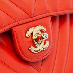 Chanel Orange Chevron Quilted Lambskin Small Classic Double Flap Bag