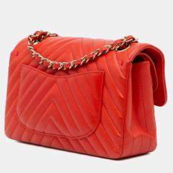 Chanel Orange Chevron Quilted Lambskin Small Classic Double Flap Bag