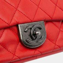 Pre Owned Chanel Red Quilted Goatskin Small Double Carry Waist Chain Flap Bag