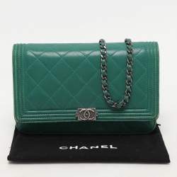 Chanel Green Quilted Leather Boy Wallet On Chain