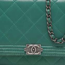 Chanel Green Quilted Leather Boy Wallet On Chain