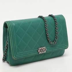 Chanel Green Quilted Leather Boy Wallet On Chain