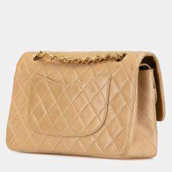 Pre Owned Chanel Beige Medium Classic Lambskin Double Flap Bag