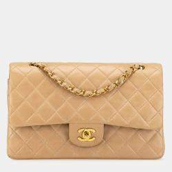 Pre Owned Chanel Beige Medium Classic Lambskin Double Flap Bag