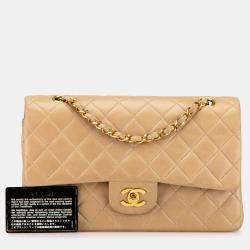 Pre Owned Chanel Beige Medium Classic Lambskin Double Flap Bag