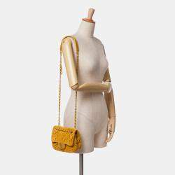 Pre Owned Chanel Yellow Mini Square Velvet Camellia Embossed Flap Bag