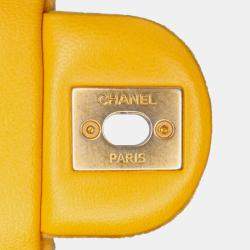 Pre Owned Chanel Yellow Mini Square Velvet Camellia Embossed Flap Bag