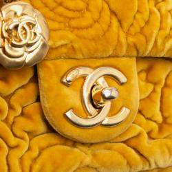 Pre Owned Chanel Yellow Mini Square Velvet Camellia Embossed Flap Bag