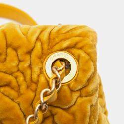 Pre Owned Chanel Yellow Mini Square Velvet Camellia Embossed Flap Bag