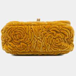 Pre Owned Chanel Yellow Mini Square Velvet Camellia Embossed Flap Bag