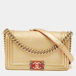 Chanel Gold/Red Cube Embossed Leather Medium Boy Flap Bag