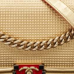 Chanel Gold/Red Cube Embossed Leather Medium Boy Flap Bag