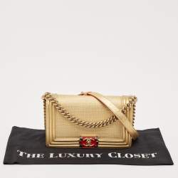 Chanel Gold/Red Cube Embossed Leather Medium Boy Flap Bag