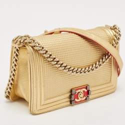 Chanel Gold/Red Cube Embossed Leather Medium Boy Flap Bag