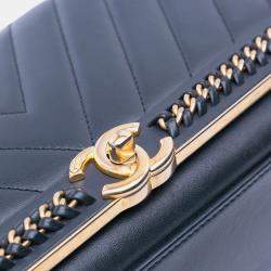 Chanel Black Chevron Sheepskin Stitched Chain Top Handle Flap Bag