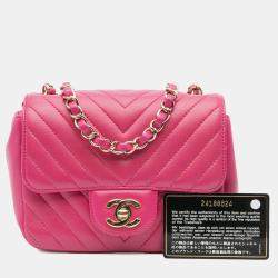 Pre Owned Chanel Pink Chevron Lambskin Mini Classic Single Flap Shoulder Bag