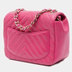Pre Owned Chanel Pink Chevron Lambskin Mini Classic Single Flap Shoulder Bag