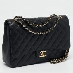 Pre Owned Chanel Black Quilted Caviar Leather Maxi Classic Double Flap Bag