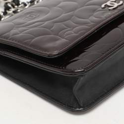 Chanel Dark Burgundy Camellia Patent and Leather Wallet On Chain
