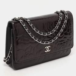 Chanel Dark Burgundy Camellia Patent and Leather Wallet On Chain