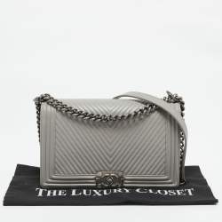 Chanel Grey Chevron Quilted Leather New Medium Boy Bag