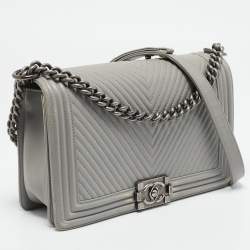 Chanel Grey Chevron Quilted Leather New Medium Boy Bag