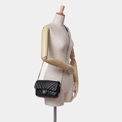 Pre Owned Chanel Black Mini Rectangular Chevron Lambskin Chain Around Flap Bag