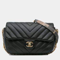 Pre Owned Chanel Black Mini Rectangular Chevron Lambskin Chain Around Flap Bag