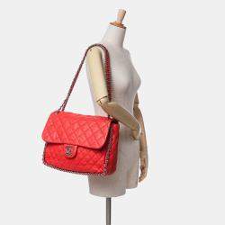 Pre Owned Chanel Red Maxi Washed Lambskin Chain Around Flap Bag