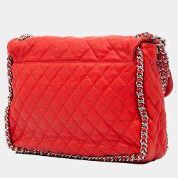 Pre Owned Chanel Red Maxi Washed Lambskin Chain Around Flap Bag