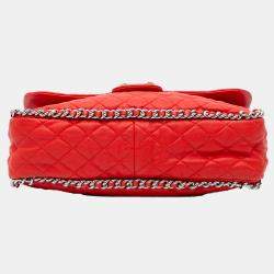 Pre Owned Chanel Red Maxi Washed Lambskin Chain Around Flap Bag