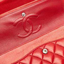Pre Owned Chanel Red Medium Classic Lambskin Double Flap Bag
