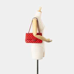 Pre Owned Chanel Red Medium Classic Lambskin Double Flap Bag
