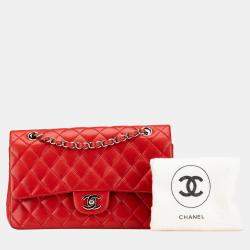 Pre Owned Chanel Red Medium Classic Lambskin Double Flap Bag