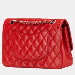 Pre Owned Chanel Red Medium Classic Lambskin Double Flap Bag